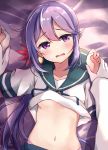  1boy 1girl akebono_(kantai_collection) bell blush commentary_request flower flying_sweatdrops hair_bell hair_flower hair_ornament highres jingle_bell kantai_collection long_hair long_sleeves lying navel on_back pov purple_eyes purple_hair school_uniform serafuku shirt_lift side_ponytail skirt soramuko very_long_hair wrist_grab 