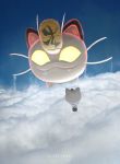  1boy 1girl above_clouds aircraft cloud commentary_request gen_1_pokemon gigantamax gigantamax_meowth highres hot_air_balloon james_(pokemon) jessie_(pokemon) long_hair meowth otsumami_(bu-bu-heaven) pokemon pokemon_(anime) pokemon_(creature) sandbag team_rocket team_rocket_uniform 