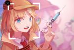  1girl blonde_hair blue_eyes clip_studio_paint_(medium) close-up english_commentary facial_recognition hat highres holding holding_syringe hololive hololive_english looking_at_viewer medium_hair mrstomachache open_mouth syringe virtual_youtuber watson_amelia 