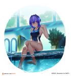  1girl alternate_costume arm_at_side artist_name bangs bare_arms bare_legs bare_shoulders barefoot black_hairband blue_swimsuit blush breasts closed_mouth collarbone competition_swimsuit dark_skin dmith eyebrows_visible_through_hair fate/grand_order fate_(series) hairband hand_up hassan_of_serenity_(fate) highleg highleg_swimsuit indoors looking_at_viewer medium_breasts one-piece_swimsuit partially_underwater_shot plant pool pool_ladder potted_plant purple_eyes purple_hair round_image short_hair sitting soaking_feet solo swimsuit water watermark web_address wet window 