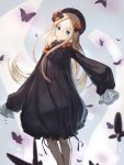  1girl abigail_williams_(fate/grand_order) aito bangs black_bow black_dress black_headwear blonde_hair blue_eyes bow breasts bug butterfly dress fate/grand_order fate_(series) forehead hair_bow hat highres insect long_hair long_sleeves looking_at_viewer multiple_bows multiple_hair_bows orange_bow parted_bangs polka_dot polka_dot_bow ribbed_dress sleeves_past_fingers sleeves_past_wrists small_breasts smile 