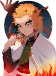  1boy animal animal_on_hand belt belt_buckle bird black_jacket blonde_hair buckle cape closed_mouth commentary_request forehead hand_up highres jacket katana kayanogura kimetsu_no_yaiba long_hair long_sleeves looking_away male_focus multicolored_hair red_hair rengoku_kyoujurou smile solo streaked_hair sword thick_eyebrows weapon white_belt white_cape 