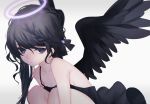  1girl angel_wings bare_arms bare_shoulders black_bow black_dress black_hair black_wings bow braid breasts bright_pupils cleavage closed_mouth dress from_side grey_background hair_bow halo looking_at_viewer migihidari_(puwako) original purple_eyes simple_background smile solo spread_wings squatting white_pupils wings 