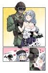  1boy 1girl absurdres bangs beret black_gloves blush breasts chibi cleavage crossover dress girls_frontline gloves green_eyes hair_ornament hairband hat heart helmet highres hk416_(girls_frontline) imagining jaeger_(rainbow_six_siege) large_breasts long_hair long_sleeves rainbow_six_siege sanso_(kasyawamoti) silver_hair sleeveless sleeveless_dress 