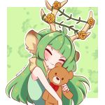  1girl absurdres animal_ears antlers bangs blush english_commentary green_hair haruka_karibu highres holding holding_stuffed_toy hug indie_virtual_youtuber moose_ears moose_girl shinomiya_arts solo stuffed_animal stuffed_toy teddy_bear virtual_youtuber 