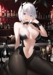  1girl alcohol animal_ears bangs black_neckwear blush bottle bow bowtie breasts breasts_apart bunny_ears bunny_girl center_opening collarbone commentary_request demon_horns demon_tail eyebrows_visible_through_hair fake_animal_ears fake_horns fishnet_legwear fishnets hair_ornament highres horns indoors large_breasts leotard looking_at_viewer navel open_mouth original pantyhose playboy_bunny purple_eyes revealing_clothes revision short_hair sidelocks sitting sleeve_cuffs solo sparkle strapless strapless_leotard suzuame_yatsumi tail wariza white_hair wrist_cuffs 