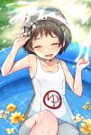  1girl bangs black_hair closed_eyes clothes_writing commentary_request cowboy_shot diving_mask diving_mask_on_head flower highres kantai_collection katsuobushi_(eba_games) maru-yu_(kantai_collection) parted_bangs partially_submerged school_swimsuit short_hair smile solo swimsuit wading_pool water white_swimsuit 