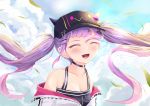  1girl absurdres baseball_cap breasts choker cleavage close-up earrings fangs hat highres hololive jewelry jiejeat o-ring o-ring_choker open_mouth purple_hair solo tokoyami_towa twintails virtual_youtuber 