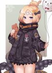  1girl abigail_williams_(fate/grand_order) balloon bandaid bandaid_on_forehead bangs black_bow black_jacket blonde_hair blue_eyes blush bow breasts cla_(finesoda) crossed_bandaids fate/grand_order fate_(series) forehead hair_bow hair_bun heroic_spirit_traveling_outfit high_collar highres jacket long_hair long_sleeves looking_at_viewer multiple_bows open_mouth orange_belt orange_bow parted_bangs polka_dot polka_dot_bow sleeves_past_fingers sleeves_past_wrists small_breasts stuffed_animal stuffed_toy teddy_bear tentacles thighs 