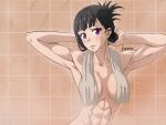  1girl armpits arms_behind_head arms_up baron_(varon666) bathroom black_hair breasts covered_nipples en&#039;en_no_shouboutai highres maki_oze muscular muscular_female purple_eyes signature small_breasts steam tied_hair tile_wall tiles toned towel towel_around_neck tying_hair wet 