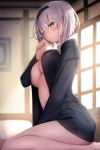  1girl black_shirt blurry breasts cleavage depth_of_field green_eyes hairband hand_up highres hololive indoors large_breasts long_sleeves looking_at_viewer naked_shirt no_bra one_eye_closed open_clothes open_shirt reinama shirogane_noel shirt short_hair sitting solo thighs virtual_youtuber white_hair 