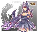  1girl alatreon_(armor) armor armored_boots armored_dress bare_shoulders boots bowgun breasts cleavage_cutout clothing_cutout collar collarbone edwin_(cyberdark_impacts) eyebrows_visible_through_hair gauntlets headdress highres long_hair medium_breasts monster_hunter monster_hunter_4_g pout purple_eyes purple_hair sidelocks solo thighhighs weapon zettai_ryouiki 