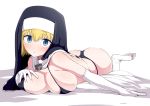  1girl ass blonde_hair blue_eyes breasts commentary_request elbow_gloves en&#039;en_no_shouboutai gloves iris_(en&#039;en_no_shouboutai) large_breasts looking_at_viewer lying nun on_stomach simple_background solo tottotonero white_background white_gloves 