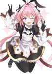  1boy absurdres astolfo_(fate) astolfo_(saber)_(fate) bangs black_bow black_dress black_gloves black_legwear black_neckwear black_ribbon blush bow bowtie buttons double_v dress esu_3101 fang fate/grand_order fate_(series) gloves hair_between_eyes hair_bow hair_intakes hair_ribbon heart highres juliet_sleeves jumping layered_skirt long_hair long_sleeves looking_at_viewer low_twintails multicolored_hair one_eye_closed open_mouth pink_hair puffy_sleeves purple_eyes ribbon skirt smile streaked_hair thighs twintails v white_hair white_skirt wide_sleeves wing_collar 