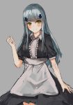  1girl absurdres apron aqua_hair bangs blush breasts closed_mouth eyebrows_visible_through_hair girls_frontline green_eyes grey_background hand_up highres hk416_(girls_frontline) long_hair looking_at_viewer maid maid_apron rosehip_t72 smile solo standing 