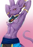  abs anthro armband beerus big_ears blush bodily_fluids bracelet breasts clothed clothing crossgender domestic_cat dragon_ball dragon_ball_super ear_piercing egyptian_clothing fangs felid feline felis female hairless hairless_cat half-closed_eyes hands_behind_head jewelry mammal narrowed_eyes navel navel_piercing necklace nipple_piercing nipples piercing pose pupils ribs seductive slit_pupils solo sphynx_(cat) sweat teba_motoko tongue tongue_out topless usekh yellow_sclera 