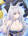  1girl animal_ear_fluff animal_ears artist_name azur_lane bare_shoulders blue_butterfly blue_collar blue_eyes blue_kimono blue_sash breasts butterfly_on_finger cleavage collar detached_collar eyebrows_visible_through_hair feather_boa fox_ears fox_girl hand_on_own_chest harasaki highres japanese_clothes kimono kitsune kyuubi large_breasts large_tail long_hair moon_phases multiple_tails off-shoulder_kimono off_shoulder sash shinano_(azur_lane) solo tail upper_body white_hair white_tail wide_sleeves 