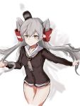  1girl absurdres amatsukaze_(kantai_collection) bare_legs breasts brown_eyes closed_mouth eyebrows_visible_through_hair grey_hair hair_ornament highres kantai_collection legs long_hair looking_at_viewer no_pants outstretched_arms rosehip_t72 small_breasts solo spread_arms standing thighs twintails white_background 