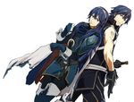  1girl armor blue_eyes blue_hair falchion_(fire_emblem) father_and_daughter fingerless_gloves fire_emblem fire_emblem:_kakusei gloves krom lucina machch spoilers sword tattoo weapon 