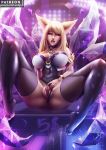  ahri_(lol) animal_humanoid big_breasts blonde_hair breasts cleavage clothed clothing female fox_humanoid fur hair humanoid league_of_legends legwear looking_at_viewer luminyu mammal presenting presenting_pussy pussy riot_games solo spread_legs spreading thigh_highs video_games yellow_fur 