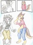  absurd_res anthro biped black_clothing black_nose black_shirt black_topwear blue_bottomwear blue_clothing blue_pants blush bottomwear breast_tuft breasts brown_body brown_fur canid canine canis claws clothing comic digitigrade domestic_dog duo embarrassed female fluffy fur gender_transformation grey_body grey_fur hi_res humanoid male mammal midriff pants paws rainbowraven red_clothing red_shirt red_topwear shirt simple_background species_transformation tan_body tan_bottomwear tan_clothing tan_fur tan_pants topwear torn_bottomwear torn_clothing torn_pants transformation tuft white_background white_body white_fur 