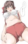  1girl ass_visible_through_thighs blush bra breasts brown_eyes brown_hair buruma cameltoe elf_(stroll_in_the_woods) from_below girls_und_panzer headband highres kondou_taeko large_breasts looking_at_viewer looking_down open_mouth red_buruma shiny shiny_hair shirt_lift simple_background solo speech_bubble standing translation_request underwear white_background white_bra 