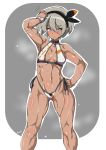  1girl absurdres armpits bangs bea_(pokemon) bikini black_hairband bow_hairband breasts dark_skin feet_out_of_frame grey_background grey_eyes grey_hair gym_leader hair_between_eyes hairband highres muscle muscular_female navel pokemon pokemon_(game) pokemon_swsh print_bikini short_hair side-tie_bikini small_breasts steaming_body sweat swimsuit tavor_(m_tavor) 