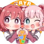  2girls ahoge akaza_akari aqua_eyes blush chibi collarbone double_bun eyebrows_visible_through_hair hair_bobbles hair_ornament heart heart_hands heart_hands_duo highres looking_at_viewer multiple_girls nanamori_school_uniform one_eye_closed open_mouth pink_hair purple_eyes red_hair school_uniform short_hair short_twintails smile takahero twintails yoshikawa_chinatsu yuru_yuri 