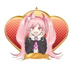  1girl :d bangs black_jacket blush bow character_name commentary_request danganronpa eyebrows_visible_through_hair fake_horns hands_on_own_face horns jacket long_hair long_sleeves looking_at_viewer open_mouth pink_eyes pink_hair polka_dot polka_dot_background polka_dot_bow shirt sihye_(sihye1202) smile solo twintails upper_body utsugi_kotoko white_shirt zettai_zetsubou_shoujo 
