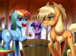  apple applejack_(mlp) clock equid equine female feral food friendship_is_magic fruit group hair horn john_joseco levitation magic mammal my_little_pony outside pegasus plant rainbow_dash_(mlp) stopwatch tree twilight_sparkle_(mlp) unicorn watch water wet_hair wings 