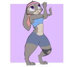  2020 absurd_res accessory anthro barefoot bodily_fluids bottomwear breasts claws clothed clothing crop_top disney ears_down english_text female front_view full-length_portrait fully_clothed fur grey_body grey_fur headband hi_res judy_hopps lagomorph leporid mammal midriff multicolored_body multicolored_fur open_mouth pivoted_ears portrait purple_background purple_eyes rabbit shirt short_stack shorts signature simple_background solo standing stretching sweat sweatband sweatdrop text thick_thighs three-quarter_view topwear two_tone_body two_tone_fur wide_hips zhan zootopia 