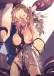  1girl armpits arms_up between_breasts blonde_hair blush bound bound_arms breasts censored closed_eyes dress_pull europa_(granblue_fantasy) eyebrows_visible_through_hair flower granblue_fantasy hair_between_eyes hair_flower hair_ornament hyakuhachi_(over3) in_mouth large_breasts monochrome nipples solo tears tentacle_sex tentacles tiara 