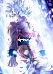  1boy aura bracer closed_mouth dragon_ball dragon_ball_super from_behind looking_at_viewer looking_back male_focus mattari_illust muscle orange_pants silver_eyes silver_hair solo son_goku spiked_hair standing torn_clothes ultra_instinct 