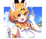  1girl animal_ears bangs blonde_hair blue_sky blurry blurry_background bow bowtie claw_pose commentary day elbow_gloves eyebrows_visible_through_hair fang fingernails gloves hair_ornament hairclip highres kemono_friends looking_at_viewer notice_lines open_mouth orange_eyes orange_neckwear orange_scarf outdoors print_gloves print_neckwear print_scarf scarf serval_(kemono_friends) serval_ears serval_print sharp_fingernails shirt short_hair sky sleeveless sleeveless_shirt smile solo takom upper_body v-shaped_eyebrows white_gloves white_shirt 