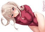  1girl alternate_costume ass bare_legs blonde_hair blush breasts cowboy_shot ebifurya eyebrows_visible_through_hair graf_zeppelin_(kantai_collection) groin hair_between_eyes kantai_collection large_breasts leotard long_hair long_sleeves looking_at_viewer parted_lips purple_eyes red_leotard ribbed_leotard sidelocks simple_background solo twintails twitter_username white_background 