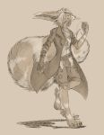  anthro barefoot belt canid canine clothed clothing coat eyewear female fennec fluffy fluffy_tail fox fully_clothed fur goggles holding_object mammal melody_(aseethe) quirachen signature simple_background solo topwear 