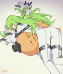  1girl artist_name ass bodysuit c.c. cheese-kun closed_mouth code_geass green_hair grey_background long_hair long_sleeves looking_at_viewer lying on_stomach ozkh smile white_bodysuit yellow_eyes 