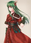  1girl armor belt closed_mouth fingerless_gloves fire_emblem fire_emblem:_the_binding_blade fire_emblem_heroes gloves green_eyes green_hair half_body headband highres leather long_hair looking_to_the_side short_sleeves shoulder_armor simple_background solo sue_(fire_emblem) upper_body witz_wenji 