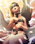  1boy 1girl alsea angel angel_(megami_tensei) angel_wings blindfold blonde_hair bondage_outfit building chain cloud cloudy_sky commentary_request dated eye_print feathers medium_hair open_mouth shin_megami_tensei signature sitting skindentation sky skyscraper upper_teeth wings 