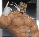  1boy abs artist_name bara bare_chest bear_mask biceps black_hair brown_eyes chest dark_skin dark_skinned_male facial_hair gloves goatee highres index_finger_raised live_a_hero male_focus muscle navel nipples pectoral_focus polaris_mask_(live_a_hero) short_hair solo upper_body veins white_gloves wrestling_mask wrestling_outfit zagghov 