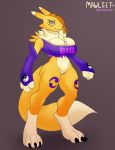  absurd_res anthro big_breasts bra breasts clothing digimon digimon_(species) female fur fur_tuft genitals hi_res invalid_tag looking_at_viewer mawliet pussy renamon simple_background slim small_waist solo sports_bra standing tuft underwear yellow_body yellow_fur 