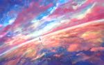  1girl ambiguous_gender cat cloud cloudy_sky commentary_request dress highres horizon long_hair original reflection sakimori_(hououbds) scenery silhouette sitting sky solo standing wide_shot 
