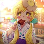  1girl absurdres blonde_hair drawdream1025 eating highres japanese_clothes kabukimonogatari kimono long_hair monogatari_(series) oshino_shinobu pink_kimono solo summer_festival upper_body yellow_eyes yukata 