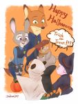  2020 anthro belt border candy canid canine clothed clothing dessert dialogue disney english_text female food fox fruit fully_clothed fur grey_body grey_fur group halloween_costume hi_res holding_object judy_hopps lagomorph leporid male mammal necktie nick_wilde nklove3104 open_mouth open_smile orange_background orange_body orange_fur plant police_uniform pumpkin rabbit red_fox shirt simple_background smile speech_bubble text topwear uniform white_border zootopia 