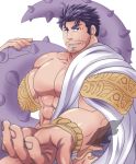  1boy abs bara bare_chest blurry_foreground chest dagon_(tokyo_houkago_summoners) facial_hair greek_clothes looking_at_viewer male_focus manly muscle nipples no_nipples octopus_boy purple_hair short_hair sideburns single_bare_shoulder solo stubble sunfight0201 tentacles tokyo_houkago_summoners upper_body 