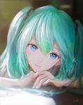  1girl aqua_hair aqua_nails bloom blue_eyes blurry blurry_foreground close-up commentary depth_of_field hair_tie hatsune_miku highres long_hair looking_at_viewer lying nail_polish ojay_tkym on_stomach portrait sidelighting signature solo twintails vocaloid 