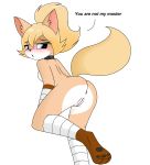  absurd_res anthro blue_eyes blush canid canine collar female fox genitals hi_res hybrid karmi_(pencil_bolt) looking_back mammal ninja nude pencil_bolt pussy solo warrior 