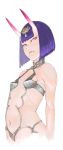  1girl a_ichiro bangs blunt_bangs bob_cut breasts cowboy_shot eyeliner fate/grand_order fate_(series) horns makeup navel oni oni_horns parted_lips pink_eyes purple_hair revealing_clothes short_hair shuten_douji_(fate/grand_order) simple_background skin-covered_horns small_breasts solo white_background 