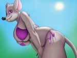  anthro big_breasts bikini breasts clothing creatiffy female fur grey_body grey_fur hi_res leaning leaning_forward mammal mouse murid murine purple_eyes rodent side-tie_bikini solo swimwear thea_stilton 