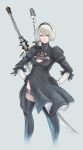  1girl a_ichiro bangs black_hairband black_legwear blue_eyes feather-trimmed_sleeves feet_out_of_frame grey_background hairband hands_on_hips nier_(series) nier_automata short_hair simple_background solo sword thighhighs weapon weapon_on_back white_hair yorha_no._2_type_b 
